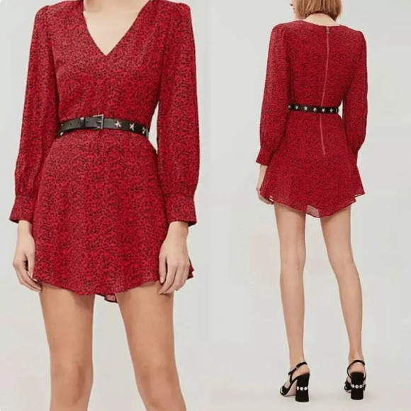 Alice + Olivia Polly Fit Flare Leopard Print Long Sleeve Mini Red Dress - Picture 1 of 15